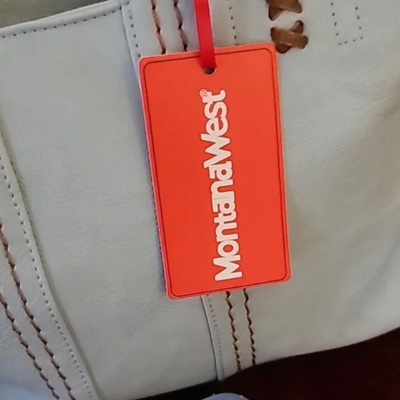 NWT Montana West Tote Bag Top Handle Oversized Handbag Light Blue Brown Piping - Picture 11 of 14